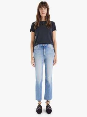 MOTHER denim Hustler Ankle Fray light medium wash raw hem cropped straight jeans